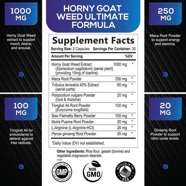 Extra Strength Horny Goat Extract for Men & Women - 1590Mg 3X Strength, Performance, Energy, Stamina with Maca, Saw Palmetto, Ginseng, L-Arginine & Tongkat Hornygoatweed Supplement - 120 Capsules