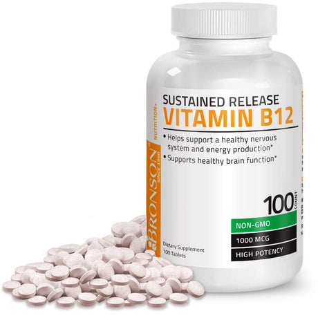 Vitamin B12 1000 Mcg (B12 Vitamin as Cyanocobalamin) Sustained Release Premium Non GMO Tablets - Supports Nervous System, Healthy Brain Function and Energy Production - 100 Count