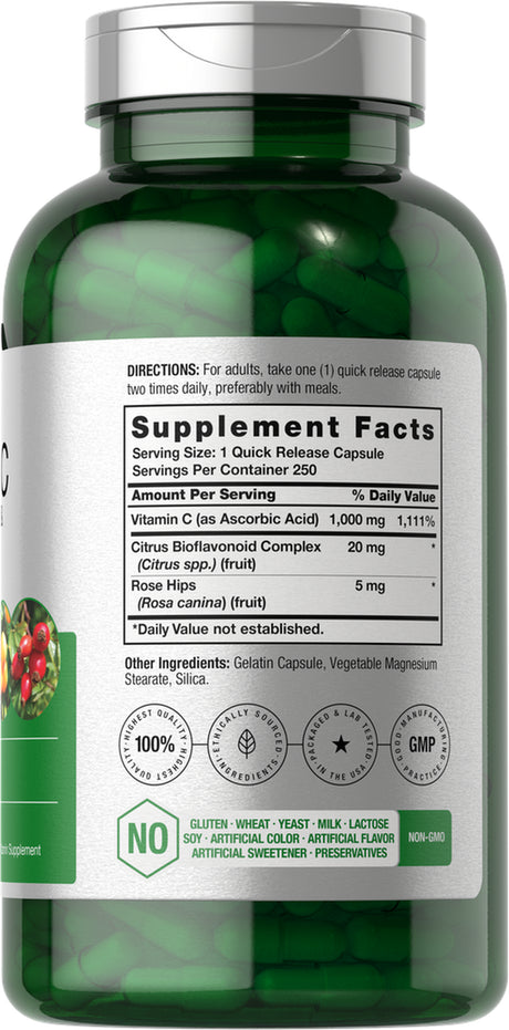 Vitamin C 1000Mg | 250 Capsules | with Bioflavonoids & Rose Hips | by Horbaach