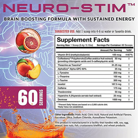 Granite® Neuro-Stim™ (Blood Orange) Brain Boosting Nootropic + Energy Formula | Supports Healthy Mental Focus, Clarity & Performance | Vegan, Soy Free, Gluten Free (60 Servings)