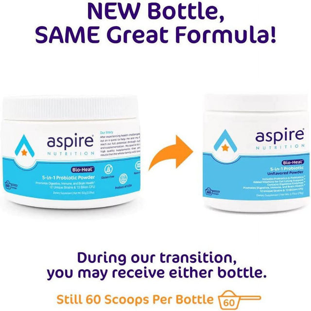 Aspire Nutrition 5-In-1 Bio-Heal® Probiotic for Kids, Men & Women - Best Supplement for Brain Function, Gut Health & Constipation - Shelf Stable & Fortified with Vitamin, Mineral & Prebiotics - Powder