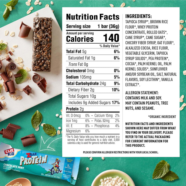 CLIF Kid Zbar Protein - Chocolate Mint - Crispy Whole Grain Snack Bars - Made with Organic Oats - Non-Gmo - 5G Protein - 1.27 Oz. (5 Pack)