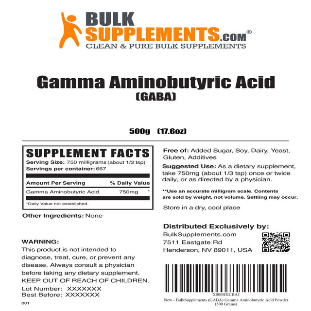 Bulksupplements.Com (GABA) Gamma Aminobutyric Acid Powder - Sleep Supplement - Focus Aid - GABA Supplements - Sleep Powder (500 Grams - 1.1 Lbs)