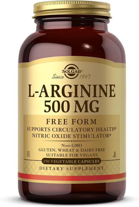 Solgar L-Arginine 500 Mg - 250 Vegetable Capsules - Nitric Oxide Stimulator - Non-Gmo, Vegan, Gluten Free, Dairy Free, Kosher - 250 Servings