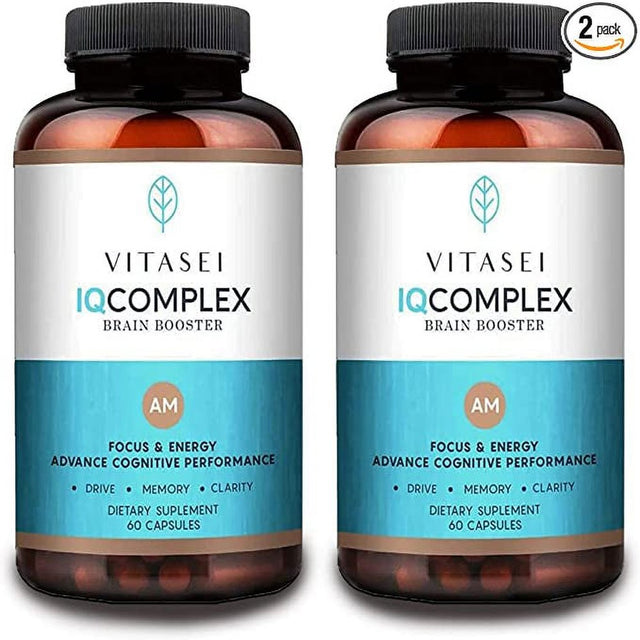 Vitasei IQ Complex AM Brain Booster Brain Supplement for Memory & Focus-Energy & Cognitive Capsules W/Ashwagandha,Quercetin & Green Tea,Memory Pills for Mental Clarity,Mental Focus- 60 Capsules (2Pck)