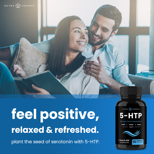 Nutrachamps 5-HTP 200Mg | 120 Vegan Capsules | 5 HTP Supplement to Support Stress Relief, Brain Health, Enhanced Mood, Sleep & Serotonin | Pure 5HTP 100Mg Pills plus Co-Factors Vitamin B6 & Vitamin C