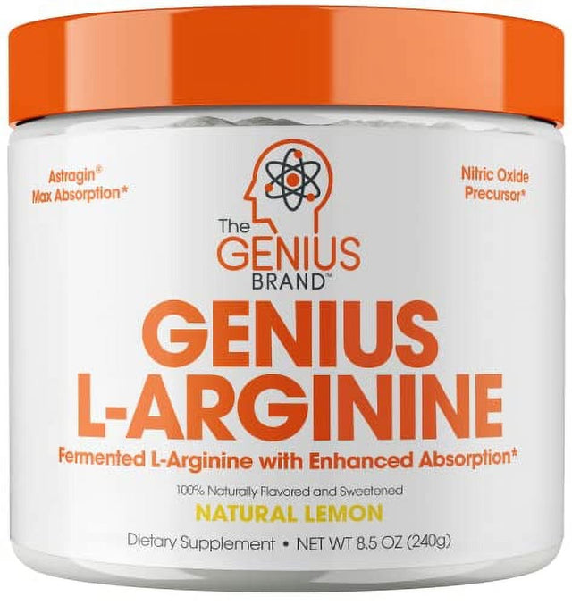 Genius L Arginine Powder - Fermented L-Arginine Nitric Oxide Supplement, Natural Muscle Builder & NO Booster for Healthy Blood Pressure, Protein Synthesis and Strength Building, Lemon, 30 Sv