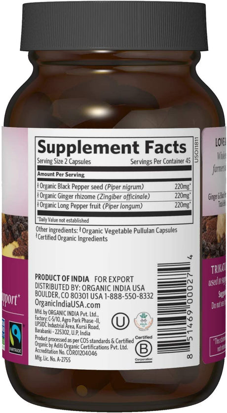 ORGANIC INDIA Trikatu Herbal Supplement - Supports Digestion, Metabolism & Nutrient Absorption, Vegan, Gluten-Free, USDA Certified Organic, Supports Healthy GI Function - 90 Capsules