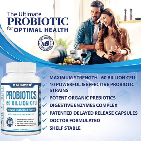 Balincer Premium Probiotics 60 Billion CFU Organic Prebiotics & Digestive Enzymes; Formulated Probiotics for Men & Women; Shelf Stable Acidophilus 30/60/120 Capsules-120Capsules