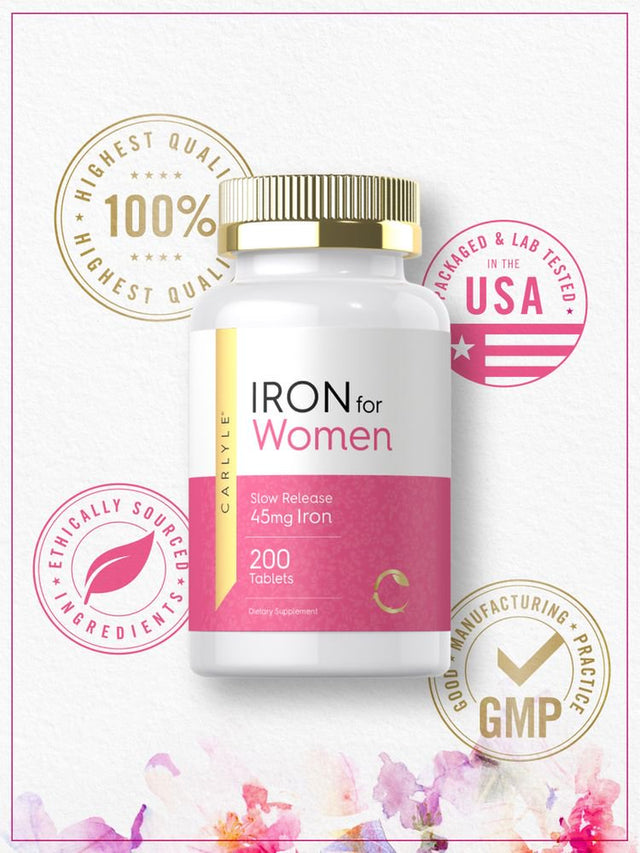 Iron Supplement for Women 45Mg | 200 Tablets | Vegetarian Formula | by Carlyle