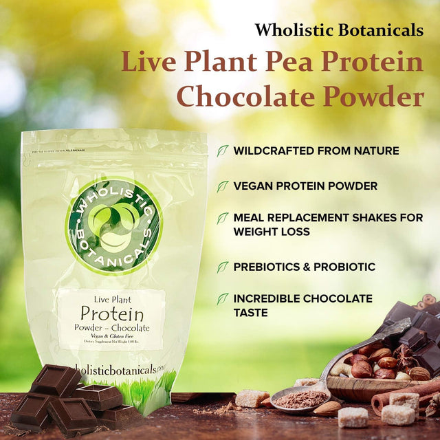 Wholistic Botanicals Live Plant Pea Protein — Natural Pea Protein Powder Vegan, Natural Pure Protein Plant-Based Blend for Weight Loss, Probiotic Meal Replacement — Chocolate Powder