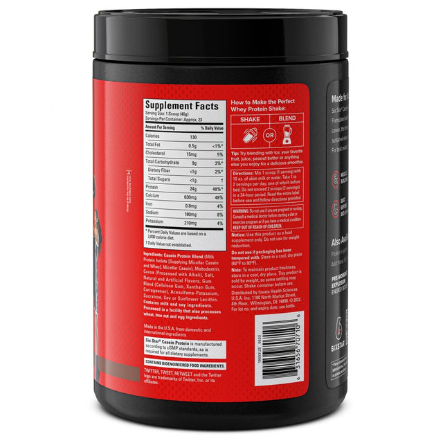 Six Star Casein Protein Powder Plus, 24G Protein, Triple Chocolate, 2 Lbs, 23 Servings