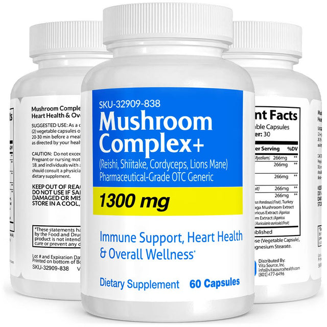 Mushroom Complex+ Pharmaceutical Grade OTC for Immune Support, Heart Health & Overall Wellness, 1300 Mg, Vitasource