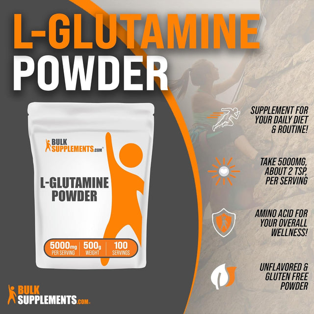 BULKSUPPLEMENTS.COM L-Glutamine Powder - Glutamine Supplement, L Glutamine 5000Mg, L Glutamine Powder - Gut Health & Recovery, Unflavored & Gluten Free, 5000Mg (5G) per Serving, 500G (1.1 Lbs)