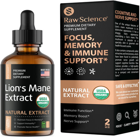 Raw Science | Lion'S Mane Mushroom Supplement | Brain Supplements for Memory and Focus | Vegan, Gluten Free, Soy-Free | 2 Fl Oz