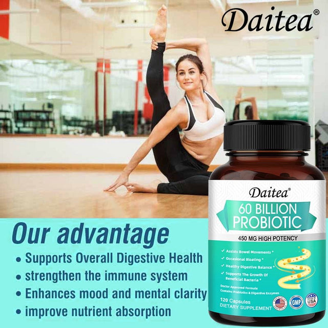 Daitea Probiotics 60 Billion + Probiotic Blend Capsules - 450 Mg per Serving - Gut Health, Digestion, Bloating, Constipation, Heart, Immune Support Supplement