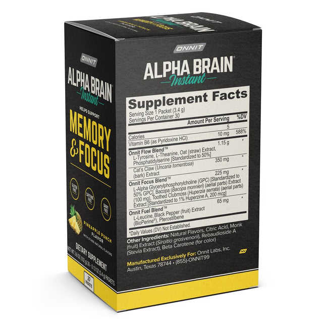 ONNIT Alpha BRAIN Instant Nootropic Brain Pineapple Punch Drink Mix, Memory/Focus Supplement, 30 Ct