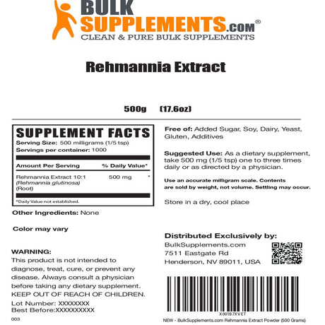 Bulksupplements.Com Rehmannia Root Extract - Kidney Support - Anti-Inflammatory Supplements - Renal Vitamins - Kidneys Supplements (500 Grams)