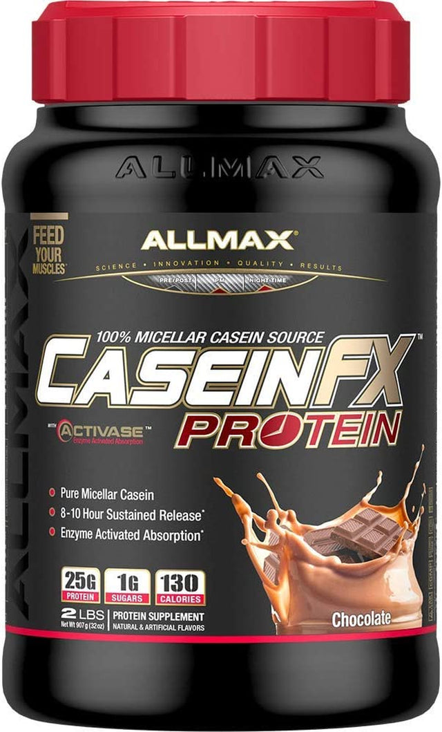 ALLMAX CASEIN-FX Protein, Chocolate - 2 Lb - 25 Grams of Slow-Release Protein per Scoop - Low Carb & Zero Added Sugar - Approx. 27 Servings