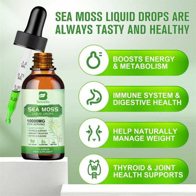 Beworths Organic Sea Moss Liquid Drops 10000Mg - 5X Stronger than Gummy & Capsules - Joint, Digestion, Thyroid Immunity Essential Support - 60Ml