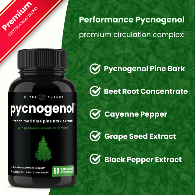 Nutrachamps Pycnogenol® Pine Bark - Premium Supplement with Herbal Complex for Circulation, Blood Flow & Nitric Oxide Production - Superior Absorption & Results with Black Pepper Extract