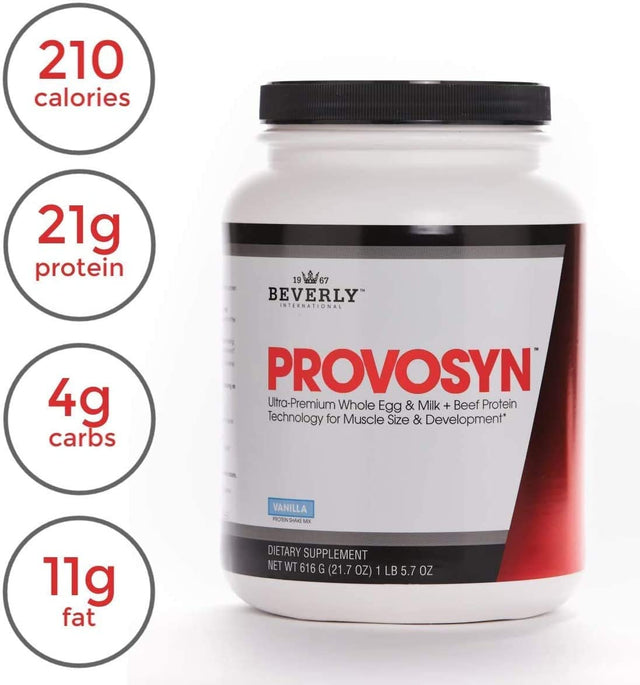 PROVOSYN. the Original Ultra-Premium Whole Egg, Milk (Casein + Whey) and Beef Protein Powder. Fast Muscle Building + Recovery. Perfect for Hard Gainers. Vanilla Flavor, 616 G the Mature Users Protein.