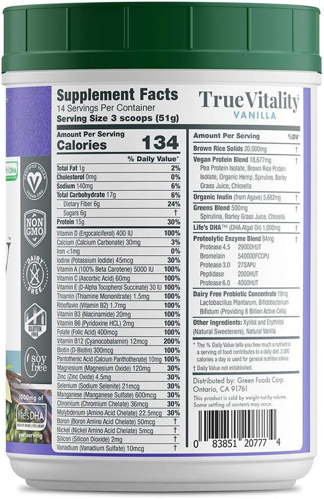 Green Foods True Vitality Plant Protein Shake with DHA Vanilla - 25.2 Oz