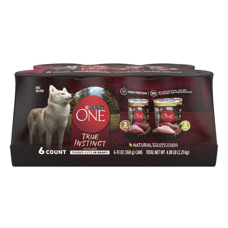 Purina ONE Adult Wet Dog Food, True Instinct Soft Cuts in Gravy High Protein Flavors, Variety Pack, 13 Oz Cans (6 Pack)