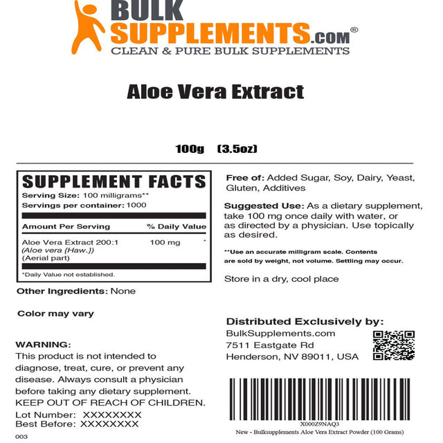 Bulksupplements.Com Aloe Vera Extract Powder, 100Mg - Hair & Skin Health Supplement (100G - 1000 Serv)