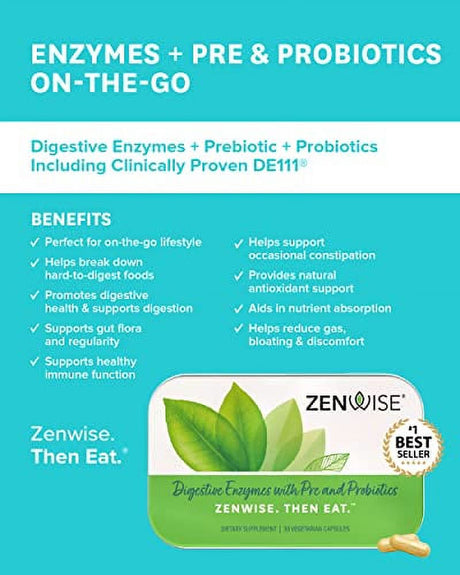 Zenwise Digestive Enzymes, plus Prebiotics & Probiotics Supplement, Travel Size, Daily Digestion + Immune Support, for Occasional Gas, Gut Bloating & Irregularity (30 Count Tin)
