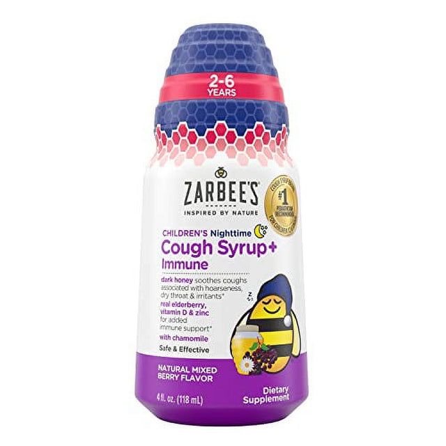 Zarbeeâ€™S Kids Cough + Immune Nighttime for Children 2-6 with Dark Honey, Vitamin D & Zinc, #1 Pediatrician Recommended, Drug & Alcohol-Free, Mixed Berry Flavor, 4FL Oz