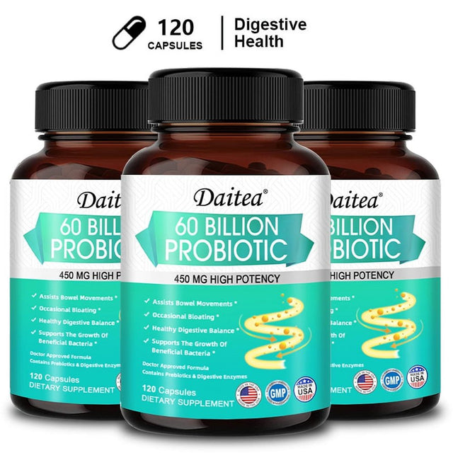 Daitea Probiotics 60 Billion + Probiotic Blend Capsules - 450 Mg per Serving - Gut Health, Digestion, Bloating, Constipation, Heart, Immune Support Supplement