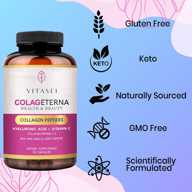 VITASEI Colageterna Collagen Peptides Capsules, Keto Pills Brain Booster Supplement W/Hyaluronic Acid, Vitamin C, Hydrolyzed Collagen Proteins for Healthy Skin, Gut Health & Joints, 90 Capsule