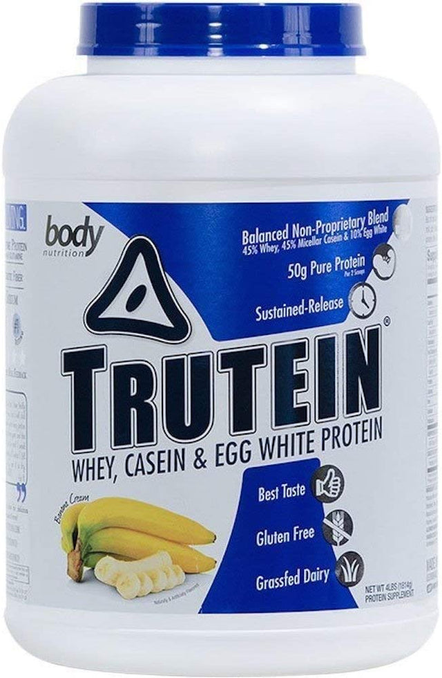 Body Nutrition Protein Powder - Trutein Banana Cream 4Lb Whey, Casein & Egg White - Natural Low Carb Keto Friendly Drink - Zero Sugar - Lean Muscle Builder, Weight Loss, Workout, Recovery