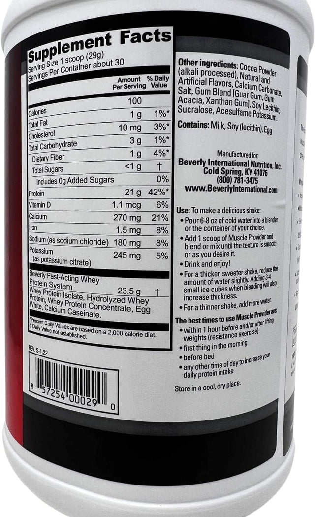 Beverly International Muscle Provider, 30 Servings, Chocolate. Super-Fast-Absorbing Whey Protein Powder for Recovery, Lean Muscle. Fills Your Muscles, Not Your Stomach. Tastes like Ice Cream!