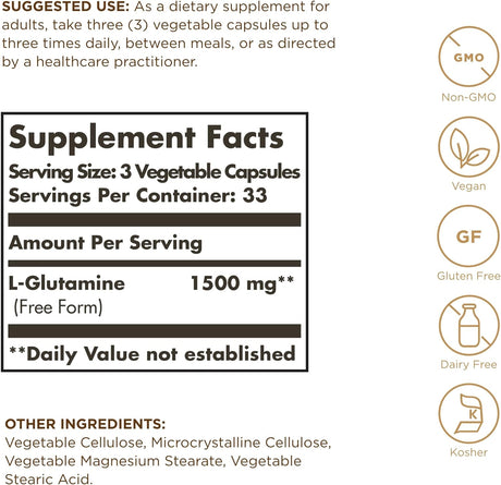 Solgar L-Glutamine 500 Mg - 100 Vegetable Capsules - Natural Muscle Food - Non-Gmo, Vegan, Gluten Free, Dairy Free, Kosher - 33 Servings