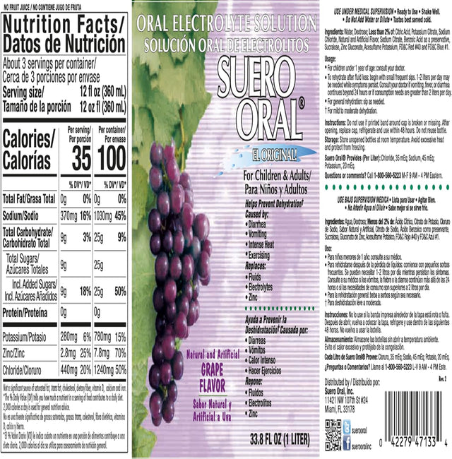 Suero Oral Electrolyte Solution for Children & Adults, Rehydrates, Restores Minerals and Nutrients, Grape Flavor (33.8 Fl Oz/Pack of 1)