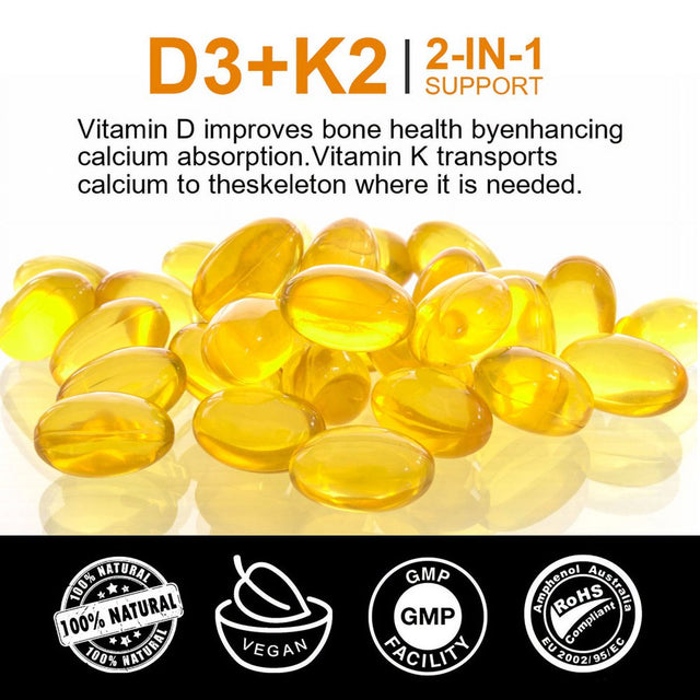 Vitamin D3(5000 Iu)+K2 (200 MCG) Capsules Immunity Bone Heart Health 120 Capsules