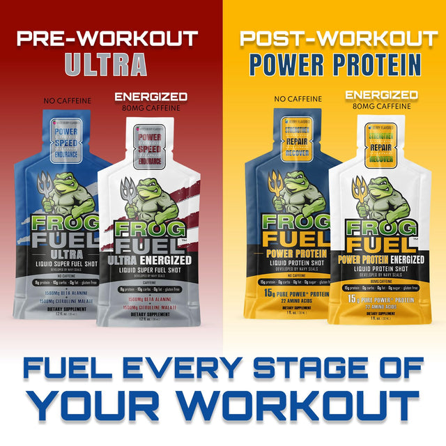 Frog Fuel Ultra Energized Pre Workout Shot, 80Mg Caffeine, 1500Mg Beta Alanine, Electrolytes 8G Protein Nano-Hydrolyzed Grass Fed Collagen, 10G Carbs, Gluten Free, Berry, 1.2 Oz Packets, 24 Pack