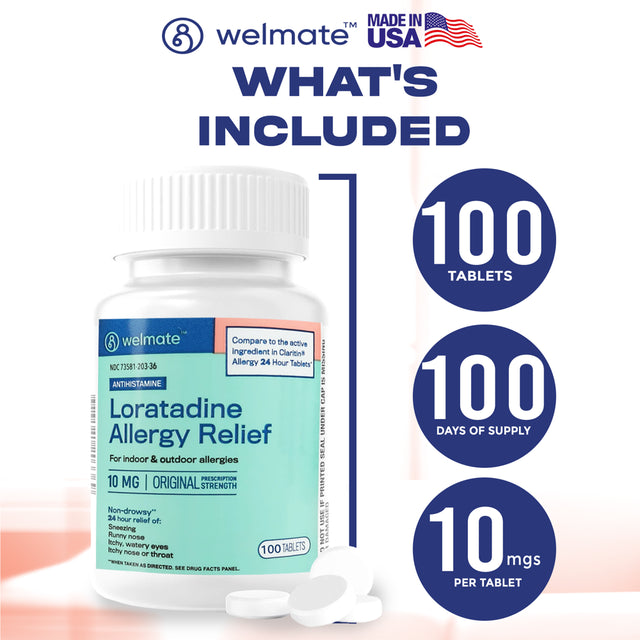 WELMATE Antihistamine Allergy Relief - Loratadine 10Mg - 24 Hour Relief - 100 Count Tablets