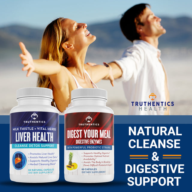 Truthentics Liver Support plus Digestive Enzymes Probiotic Bundle - Liver Cleanse Detox Digestion Support - 60 Capsules Each