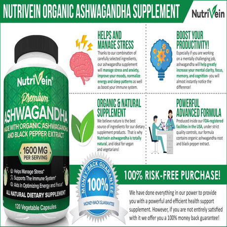 Nutrivein Organic Ashwagandha Capsules 1600Mg - 120 Vegan Pills - for Stress and Anxiety Relief - Herbal Supplements