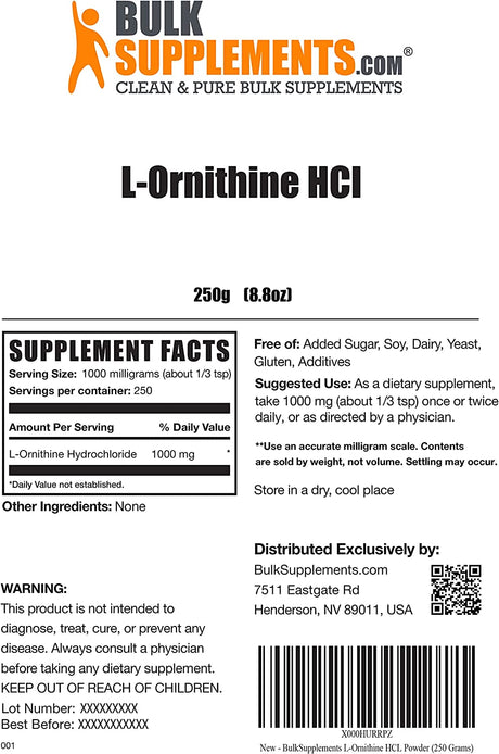 BULKSUPPLEMENTS.COM L-Ornithine Hcl Powder - L-Ornithine Hydrochloride - L Ornithine Powder - Amino Acids Supplement - 1000Mg of Ornithine Hcl per Serving, 250 Servings (250 Grams - 8.8 Oz)