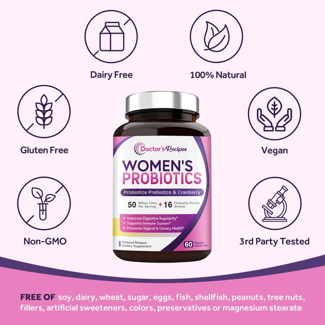 Doctor'S Recipes Women S Probiotic, 60 Caps 50 Billion CFU 16 Strains, with Organic Cranberry, Digestive Immune Vaginal & Urinary Health, Shelf Stable, Delayed Release, No Soy Gluten Dairy