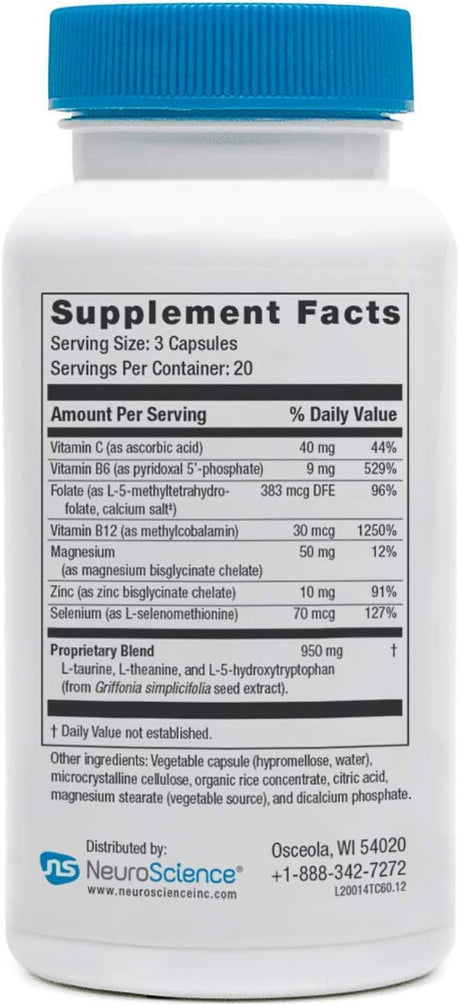 Neuroscience Travacor - Mood and Calm Support Complex with 5-HTP and L-Theanine, Serotonin and GABA Neurotransmitter Supplement (60 Capsules)