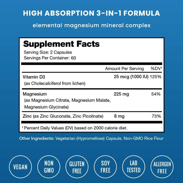 Nutrachamps Magnesium Zinc & Vitamin D3 Supplement - Most Bioavailable Forms; Magnesium Glycinate, Malate, Citrate - Bone, Muscle & Heart Health, Immune Support - 120 Vegan Capsules