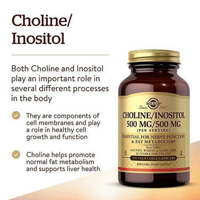 Solgar Choline/Inositol 500 Mg/500 Mg, 100 Vegetable Capsules - Energy Metabolism, Liver Health, Essential for Brain & Nerve Function - Non-Gmo, Vegan, Gluten Free, Dairy Free, Kosher - 50 Servings