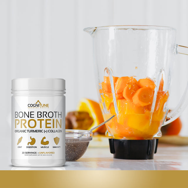 COGNITUNE Bone Broth Protein Powder with Organic Turmeric & Collagen Peptides, Unflavored, 22G Protein, 20 Servings