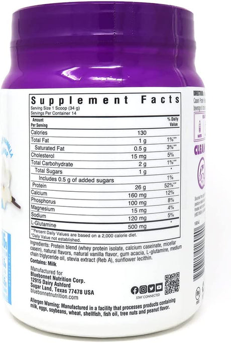 Bluebonnet Nutrition Dual-Action Protein Powder, Whey from Grass Fed Cows, No Sugar Added, Non GMO, Gluten & Soy Free, Kosher Dairy, French Vanilla Flavor, Off-White, 16.8 Oz