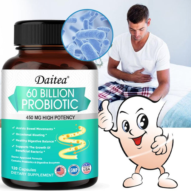 Daitea Probiotics 60 Billion + Probiotic Blend Capsules - 450 Mg per Serving - Gut Health, Digestion, Bloating, Constipation, Heart, Immune Support Supplement